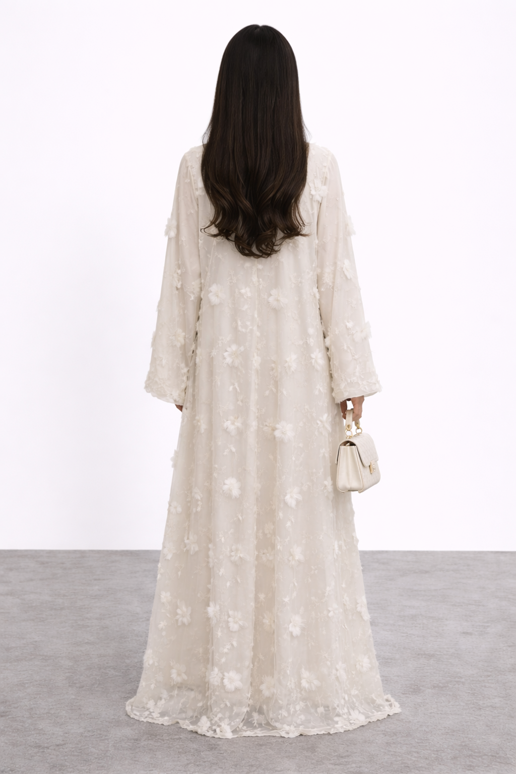 White 3D Floral Abaya